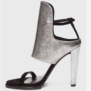Alexander Wang "LIU" Silver Metallic Textured Leather Black Suede Heels Straps